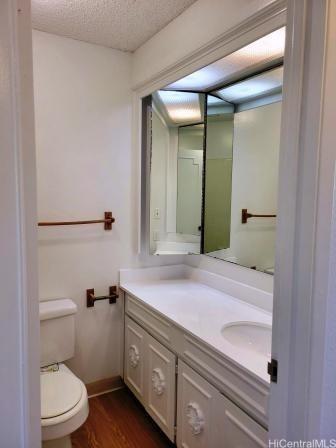 bathroom with vanity, wood-type flooring, toilet, and a textured ceiling