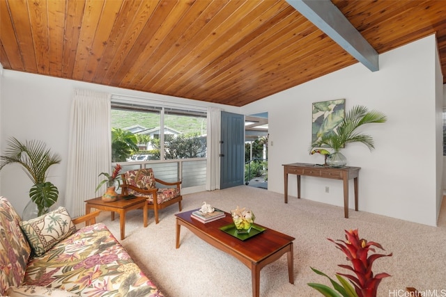 living room featuring carpet floors, vaulted ceiling with beams, and wood ceiling