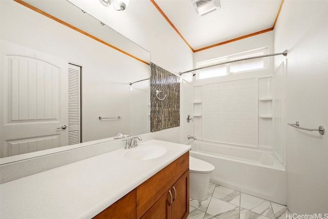 bathroom with toilet, ornamental molding, marble finish floor, vanity, and washtub / shower combination