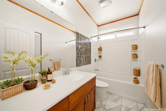 bathroom featuring visible vents, bathing tub / shower combination, toilet, marble finish floor, and vanity