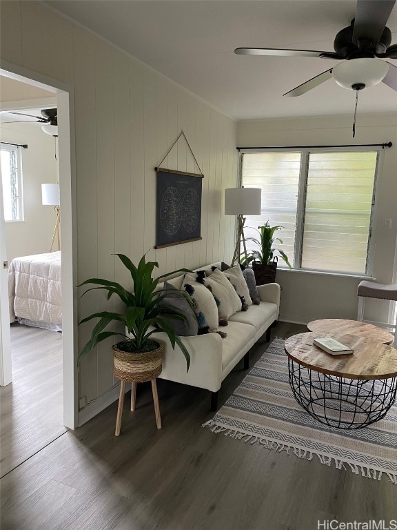 living room with ceiling fan and wood-type flooring