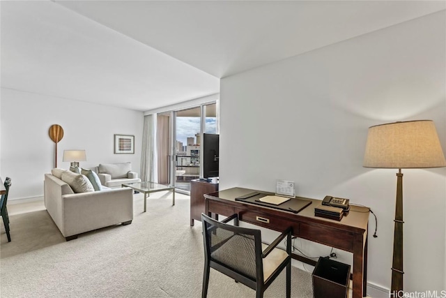 living room with carpet floors and a wall of windows