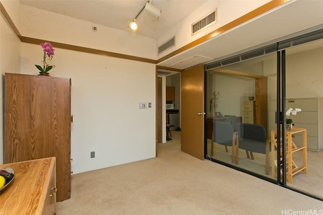 carpeted bedroom featuring track lighting