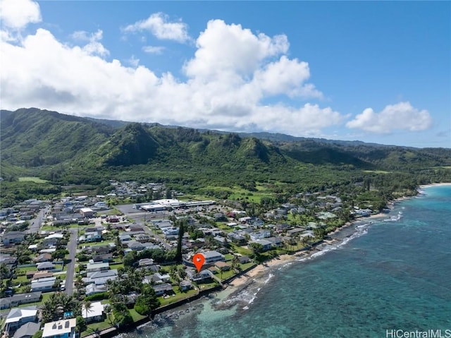 bird's eye view featuring a water and mountain view