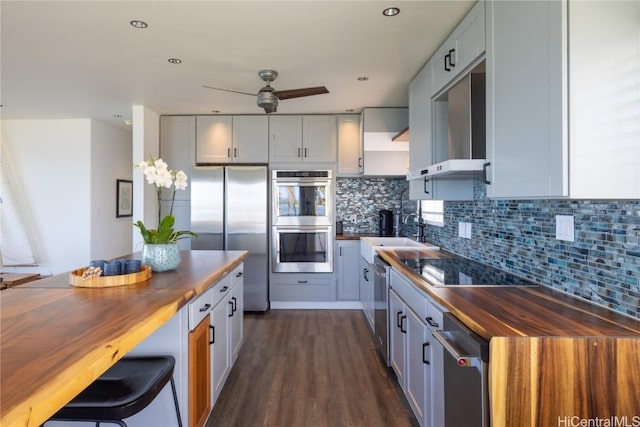 kitchen with wooden counters, backsplash, appliances with stainless steel finishes, a sink, and wall chimney range hood