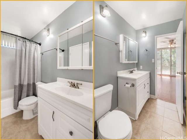 full bathroom with vanity, toilet, tile patterned flooring, and shower / bath combo