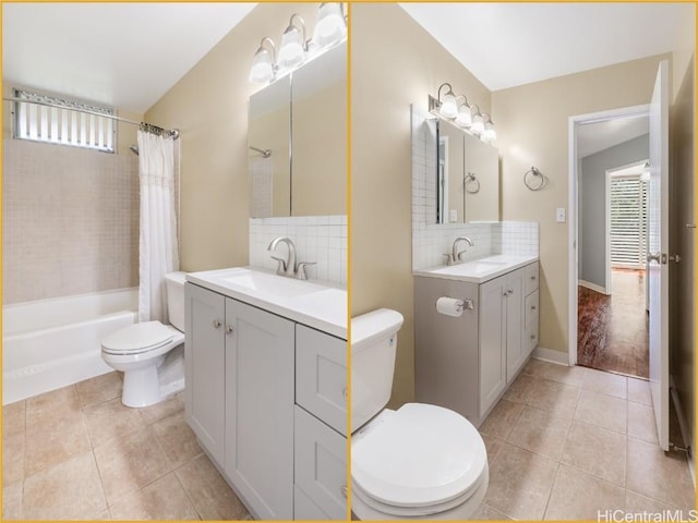 full bathroom with decorative backsplash, a wealth of natural light, tile patterned floors, and toilet