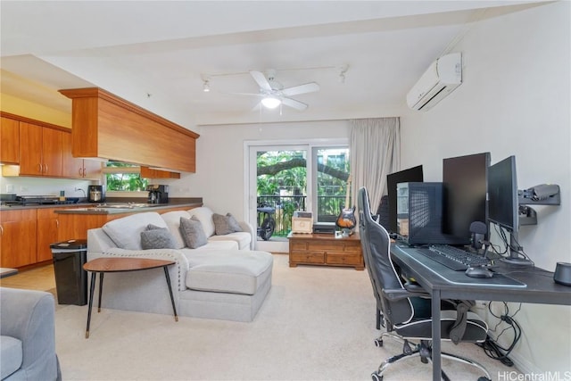 office space featuring light carpet, an AC wall unit, a ceiling fan, and a healthy amount of sunlight