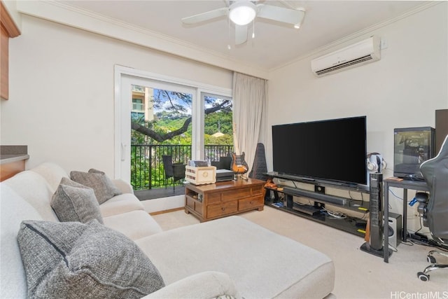 carpeted living room featuring ornamental molding, an AC wall unit, and ceiling fan