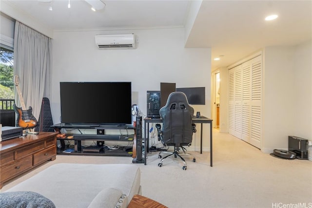 office featuring ornamental molding, an AC wall unit, carpet flooring, and baseboards