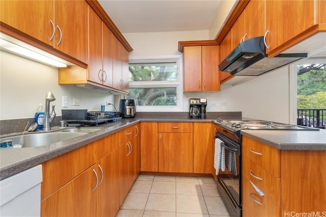 kitchen with light tile patterned floors, a sink, white dishwasher, black range with electric cooktop, and under cabinet range hood