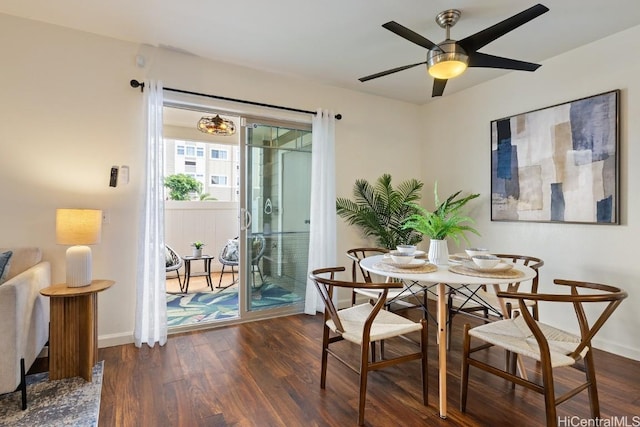 dining area featuring a ceiling fan, dark wood finished floors, and baseboards