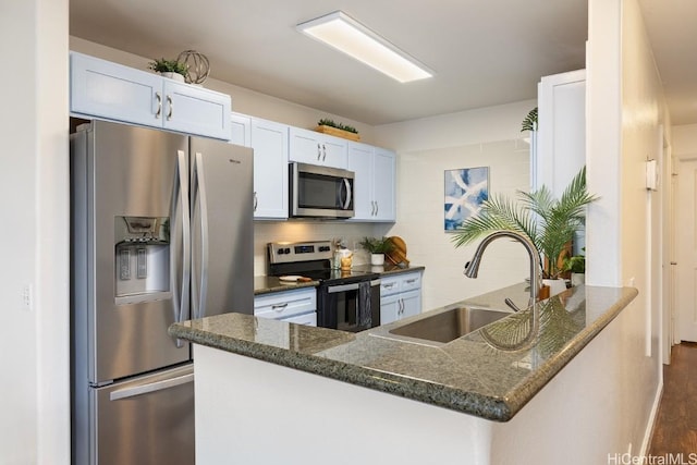 kitchen featuring dark stone counters, a peninsula, stainless steel appliances, white cabinetry, and a sink