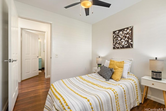 bedroom featuring dark wood-style floors, baseboards, and a ceiling fan