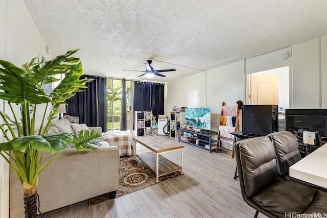 living room featuring ceiling fan, light hardwood / wood-style floors, expansive windows, and a textured ceiling