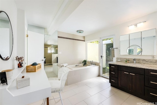 bathroom featuring vanity, tile patterned flooring, plus walk in shower, and beamed ceiling