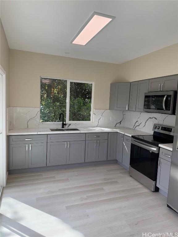 kitchen featuring gray cabinetry, stainless steel appliances, a sink, light countertops, and decorative backsplash