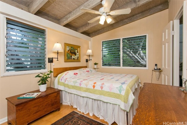 bedroom featuring lofted ceiling with beams, light wood finished floors, wood walls, and wood ceiling