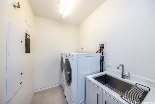 laundry room with washing machine and clothes dryer, a sink, laundry area, electric panel, and baseboards