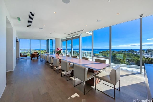 interior space featuring a wall of windows, a water view, plenty of natural light, and dark wood-style floors