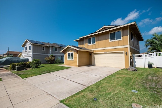 view of front of house featuring concrete driveway, fence, board and batten siding, a front lawn, and a garage