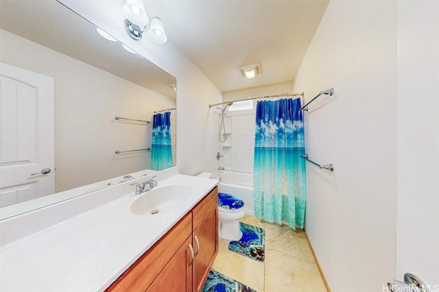 full bathroom with tile patterned flooring, shower / bathtub combination with curtain, vanity, and toilet