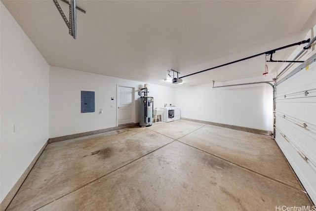 garage with electric water heater, independent washer and dryer, electric panel, and a garage door opener