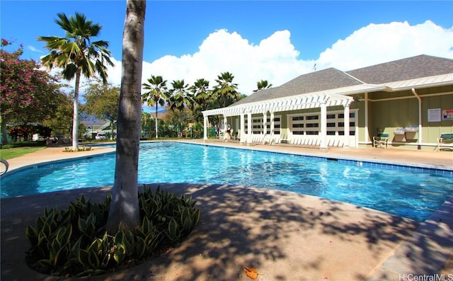 view of swimming pool with a patio and a pergola