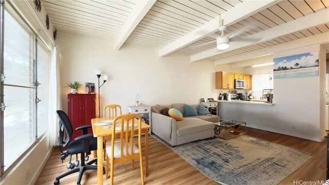 living room featuring wooden ceiling, beam ceiling, and light hardwood / wood-style flooring