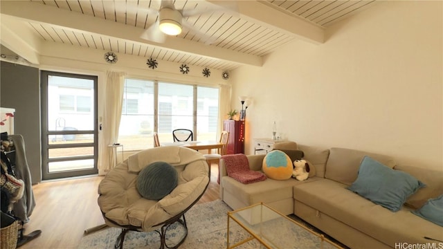 living room featuring wood ceiling, beam ceiling, and light wood-type flooring