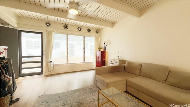 living room featuring light wood-type flooring, wooden ceiling, and beam ceiling