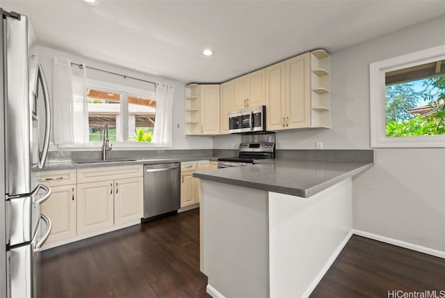 kitchen with a healthy amount of sunlight, appliances with stainless steel finishes, kitchen peninsula, and sink