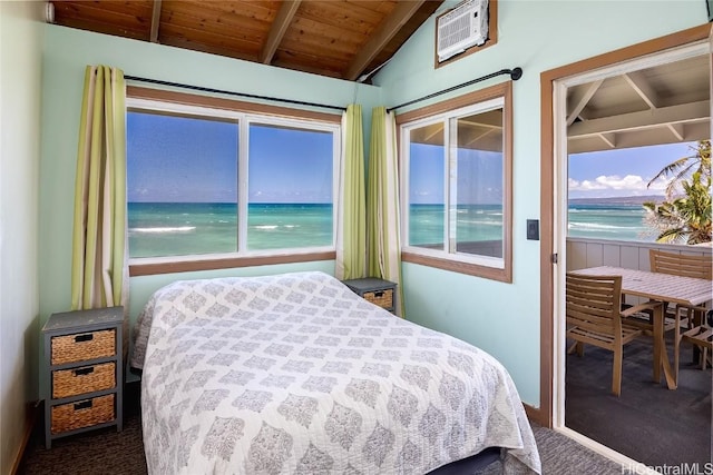 carpeted bedroom with a water view, lofted ceiling with beams, a wall unit AC, and wooden ceiling