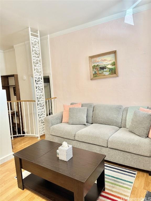 living room featuring hardwood / wood-style floors and crown molding