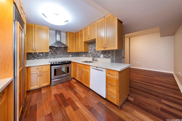 1288 Kapiolani Blvd Unit I-1707, Honolulu, HI 96814 - kitchen featuring stainless steel range with electric cooktop, dishwasher, wall chimney exhaust hood, a sink, and dark wood-style flooring