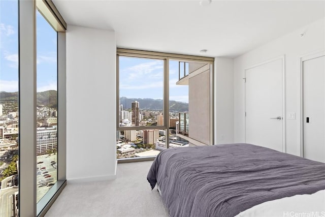 bedroom with a city view, a wall of windows, carpet, and a mountain view