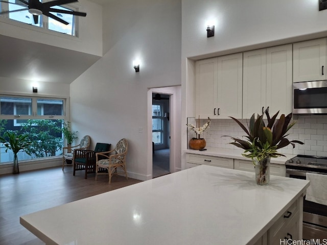 kitchen featuring dark hardwood / wood-style flooring, backsplash, a towering ceiling, and appliances with stainless steel finishes