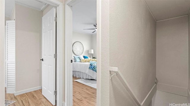 interior space featuring ornamental molding and light wood-type flooring