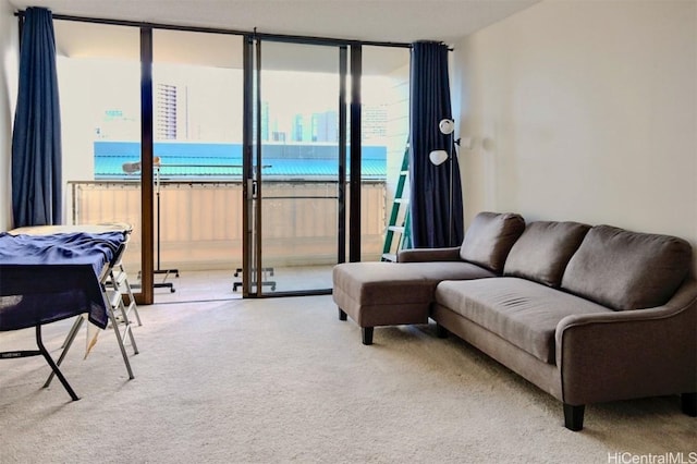 living room with carpet flooring and a wall of windows