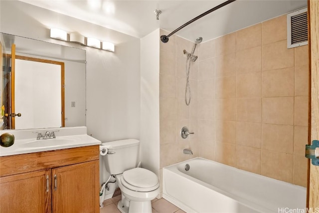 bathroom with shower / bathtub combination, visible vents, toilet, vanity, and tile patterned floors