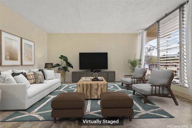 living area featuring expansive windows and a textured ceiling