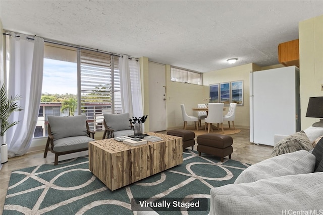 living area featuring a textured ceiling