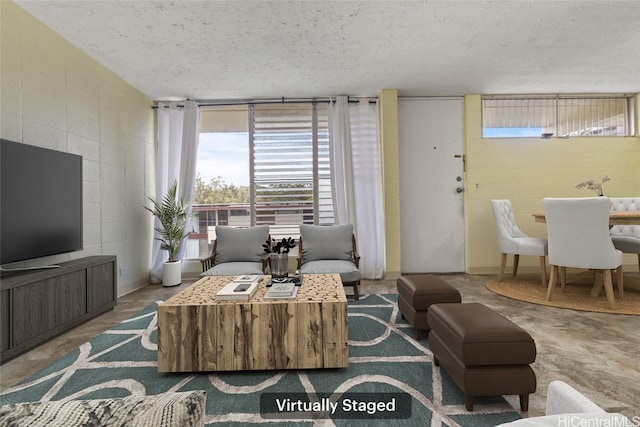 living area with concrete block wall and a textured ceiling