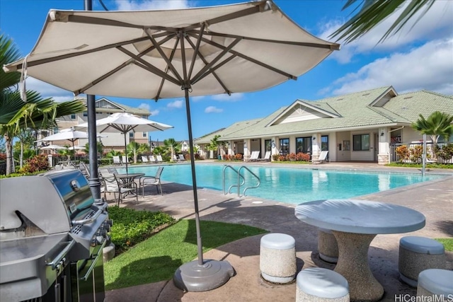 community pool with a patio area and grilling area