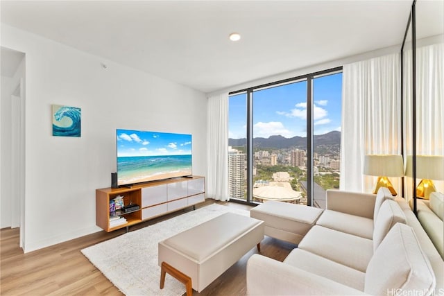 living room featuring baseboards, wood finished floors, and floor to ceiling windows