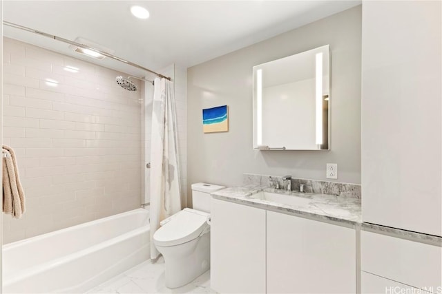 full bathroom featuring toilet, marble finish floor, vanity, and shower / bathtub combination with curtain