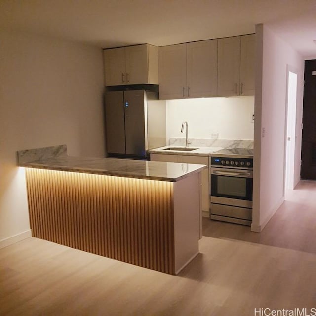 kitchen with electric stove, light wood finished floors, a sink, a peninsula, and baseboards