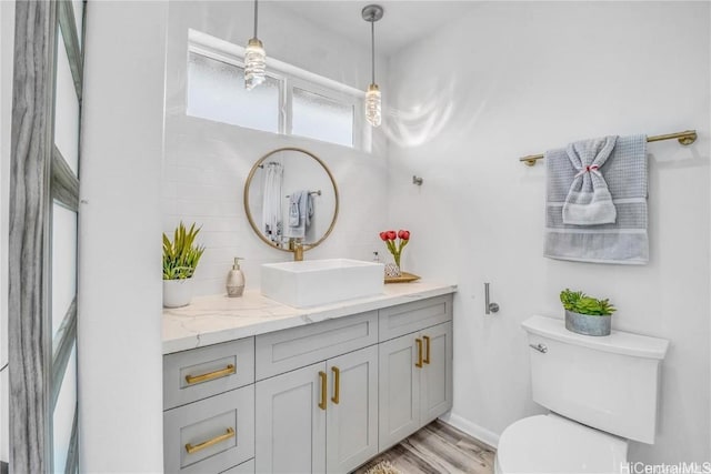 bathroom with hardwood / wood-style flooring, toilet, and vanity