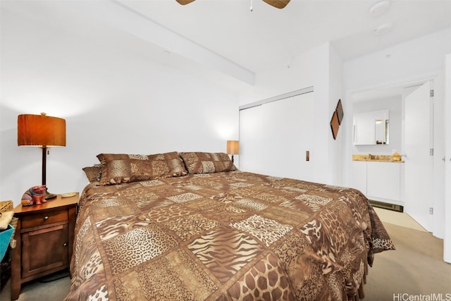 bedroom with light carpet, ceiling fan, and a closet