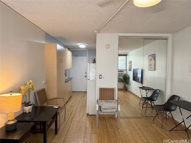 interior space featuring light wood-style floors and a textured ceiling